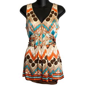 eci Y2K Babydoll Silk Top Womens Medium Retro Sequined Self Belt Blanket Stitch